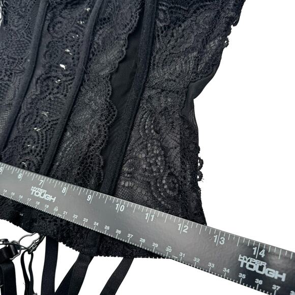 FREDERICKS OF HOLLYWOOD Small Black Lace Demi Cup Sheer Corset Top Garter Clips - Picture 9 of 10